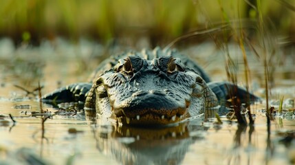 Fototapeta premium Close-up of an alligator partially submerged in water, highlighting its textured skin and keen eyes in a marshy area.