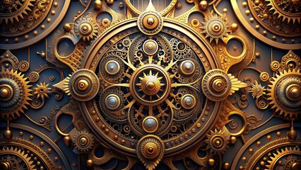 Obraz premium Intricately designed abstract geometric gold ornament features ornate art deco patterns, steampunk-inspired cogwheels, and shields, created with stunning precision using generative ai technology.