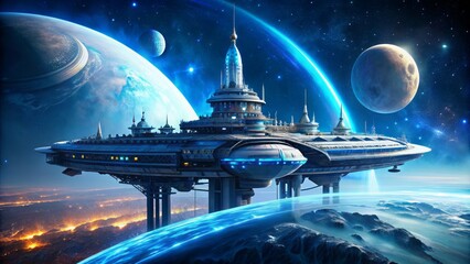 Majestic futuristic megastructure spaceship, adorned with luminescent blue accents, orbits a terrestrial planet, with a crescent moon shining brightly in the distant background.