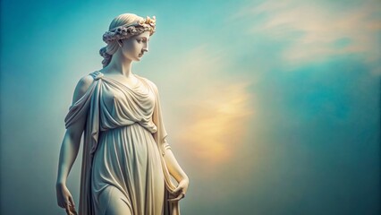 Obraz premium Softly lit, serene antique sculpture of a greek goddess stands alone, radiant in pastel hues, against a delicate, ombre- gradated background of pale blues and creams.