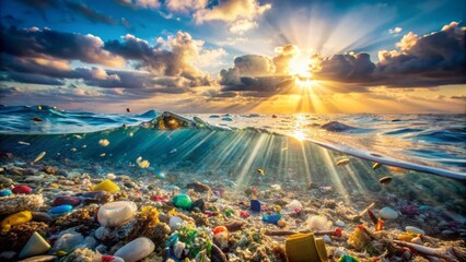 Fototapeta premium Vibrant sunlight illuminates a dire scene of plastic debris, microplastics, and trash floating amidst seaweed-filled ocean waves, highlighting the devastating impact of pollution.