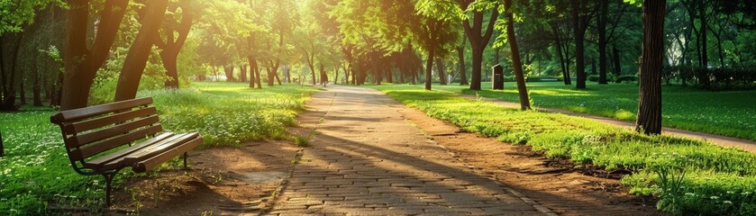 A park with a bench and a path. The path is paved and surrounded by trees. The sun is shining brightly, creating a warm and inviting atmosphere