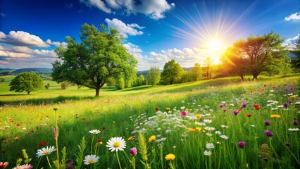 Fototapeta premium Serene summer scene depicting lush green grass with a few scattered flowers and a clear blue sky, evoking feelings of peace and tranquility.