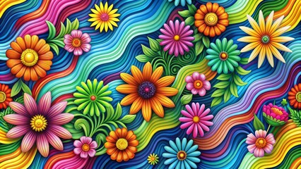 Fototapeta premium Vibrant wavy lines and colorful flowers swirl together in a psychedelic pattern, filling a series of groovy frames with energetic, playful, and whimsical charm.