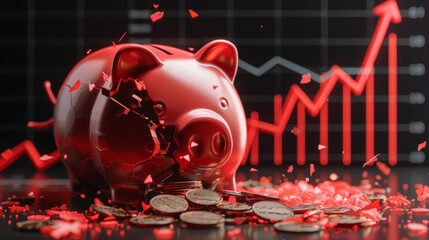 A shattered piggy bank with coins spilled and a descending red graph in the background, side view, illustrating economic downturn, cybernetic tone, complementary color scheme