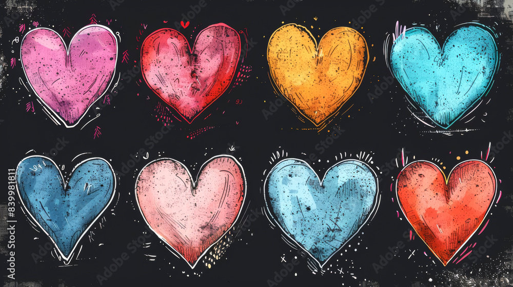 Wall mural a set of colorful hearts drawn by paint on a black background.