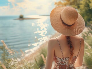 woman in a big sun hat and patterned dress walking along the shore, photorealistic