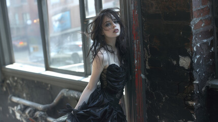 Fototapeta premium Portrait of a brunette Goth style inspired woman, fashion and make-up shoot. Gothic, Goth, Emo, New Wave, Dark style fashion. Dark smokey make-up, red lipstick. Dramatic. Elegant. Long black dress.