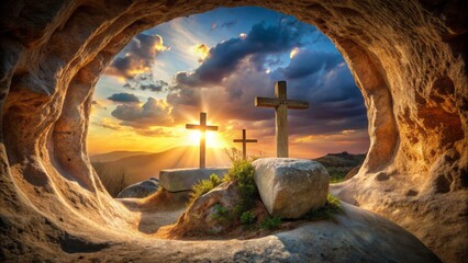 Empty tomb with stone rolled away, crosses rising in the background, symbolizing jesus christ's triumphant resurrection on easter morning, conveying hope and salvation.