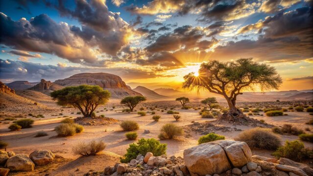 Desert landscape with sparse trees, rocky outcroppings, and a distant sunset, evoking the biblical story of ruth and naomi's journey through the wilderness.