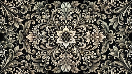 Fototapeta premium Intricate black and white ornate graphic design featuring symmetrical floral patterns, swirling shapes, and ornamental borders, evoking a sense of classic elegance and sophistication.