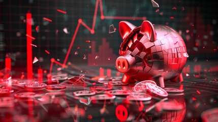 A shattered piggy bank with coins spilled and a descending red graph in the background, side view, illustrating economic downturn, cybernetic tone, complementary color scheme