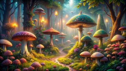 Fototapeta premium Soft, ethereal light illuminates a mystical forest clearing, showcasing vibrant, intricately detailed mushrooms and lush foliage in a whimsical, dreamlike atmosphere.