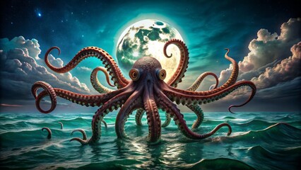 Obraz premium A monstrous octopus emerges from the dark turquoise sea, its eight writhing tentacles snaking upwards towards a eerie, moonlit sky.