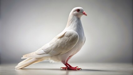A serene white pigeon stands alone, its pure feathers gleaming, against a crisp transparent backdrop, evoking peace and serenity in a minimalist setting.
