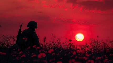 Fototapeta premium In the Sun's Embrace: Soldier's Silhouette Illustration Bathed in Afternoon Light