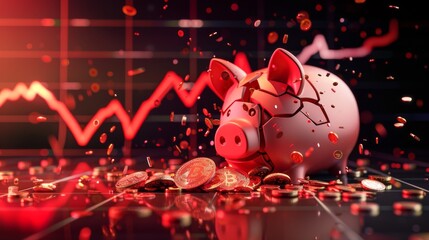 A shattered piggy bank with coins spilled and a descending red graph in the background, side view, illustrating economic downturn, cybernetic tone, complementary color scheme