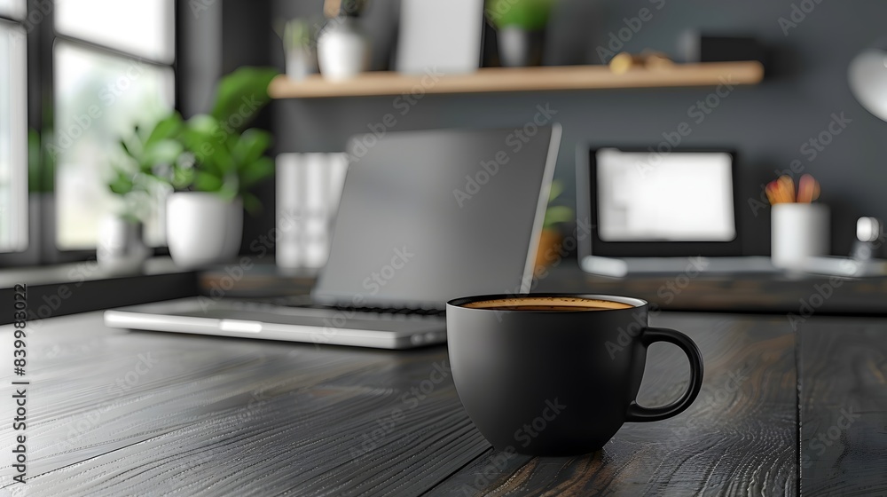 Canvas Prints Sleek Black Coffee Cup on a Minimalist Digital Workspace with Laptop and Notepad