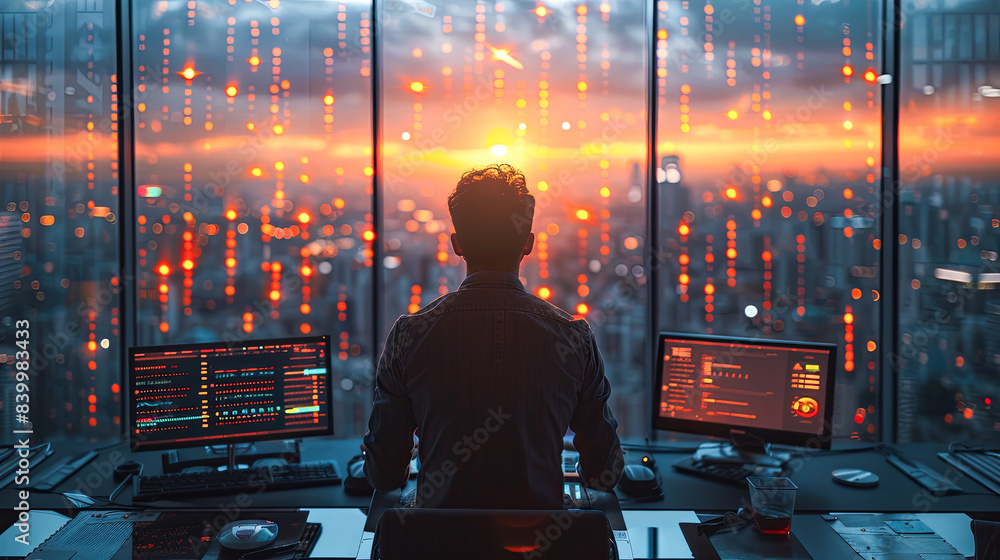 Poster rear view of young business man working on desktop computer while standing in front of big window wi