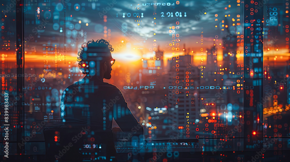 Poster double exposure of businessman working on laptop computer at modern office with big window and citys