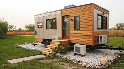 tiny house on wheels, exterior view, beige and wood color palette, rectangular shape with two windows, one door, small stairs leading to the entrance of tiny home. copy space for text.