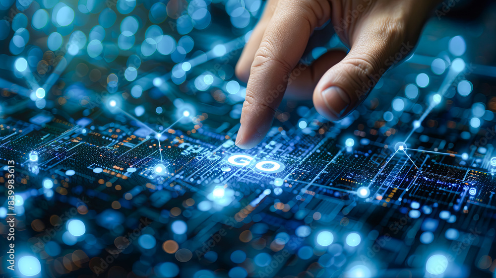 Poster businessman hand touching a binary code on a futuristic touch screen interface