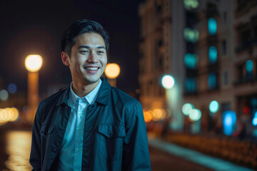 Fototapeta premium Asian man is smiling in front of a building at night with copy space