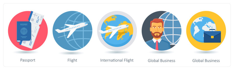 A set of 5 business icons as passport, flight, international flight