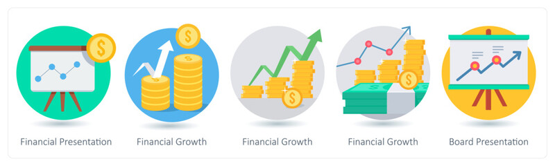 A set of 5 business icons as financial presentation, financial growth, board presentation