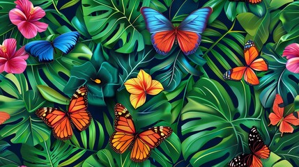 Naklejka premium seamless pattern tropical artwork Beautiful butterflies and flowers