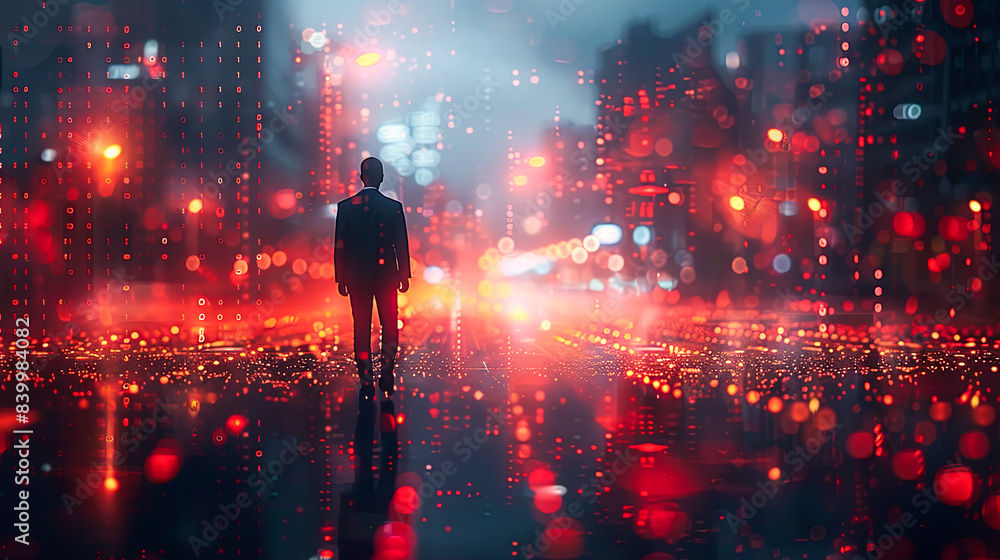 Poster businessman standing on the road with binary code and city at the background