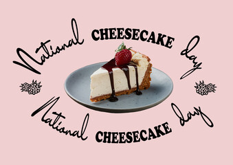 Design Cheesecake on plate with National Cheesecake Day lettering.