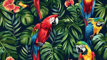 seamless pattern Tropical birds and parrots