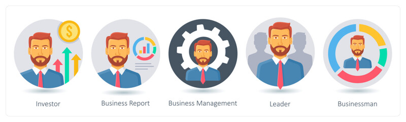 A set of 5 business icons as investor, business report, business management
