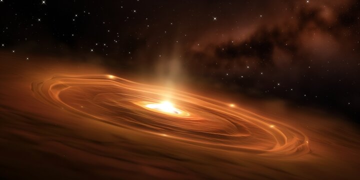 This image depicts a white dwarf star encircled by a glowing accretion disk, showing the intense energy and heat prior to its explosive phase. The scene is set against a backdrop of stars in space