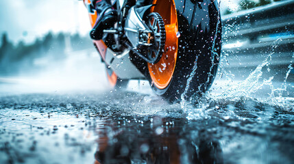 A motorcycle is in the rain, with water splashing up from the ground. Concept of adventure and excitement, as the rider braves the wet conditions