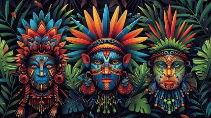 A colorful vector illustration of three South American tribal masks with elaborate headdress and face paint