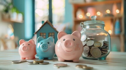 Obraz premium close up of piggy banks and house model on table