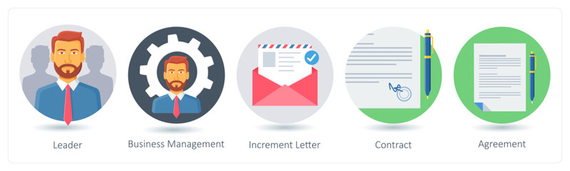 A set of 5 business icons as leader, business management, increment letter