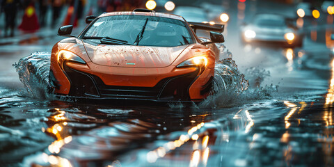 Super cars wading through water on Race track, water splashes