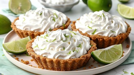   A white plate topped with cupcakes covered in whipped cream and limes next to lime wedges