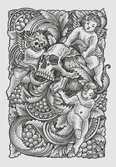 Illustration skull and angel with antique engraving ornament hand drawn - Vector Eps 10