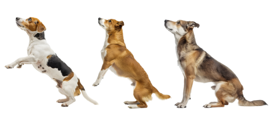 Group or collection of dogs alert or standing on hind legs on transparent background 