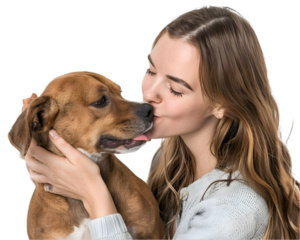 Dog and girl loving and caring each other on transparent background