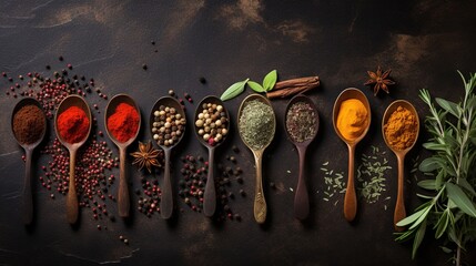 Various spices spoons on stone table