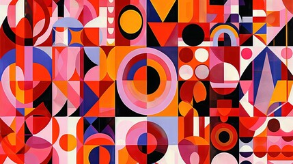   Multicolored abstract artwork featuring numerous circles and squares prominently displayed within the canvas