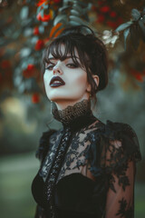 Portrait of a brunette Goth style inspired woman, fashion and make-up shoot. Gothic, Goth, Emo, New Wave, Dark style fashion. Dark smokey make-up, red lipstick. Dramatic. Elegant.	