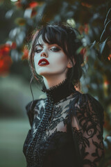 Fototapeta premium Portrait of a brunette Goth style inspired woman, fashion and make-up shoot. Gothic, Goth, Emo, New Wave, Dark style fashion. Dark smokey make-up, red lipstick. Dramatic. Elegant.