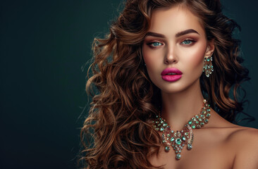 A beautiful woman with long curly brown hair, wearing an elegant necklace and pink lipstick. She is posing for the camera against a dark background