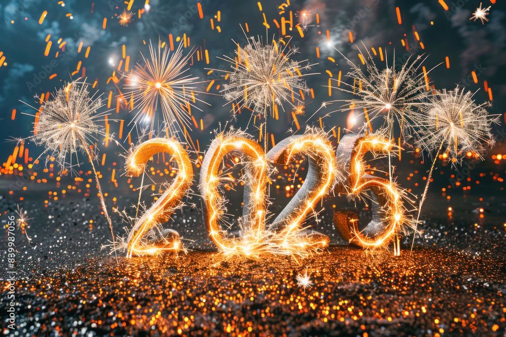 Aufkleber in the backdrop of fireworks, the year 2025 sparkles with light, creating a dazzling display